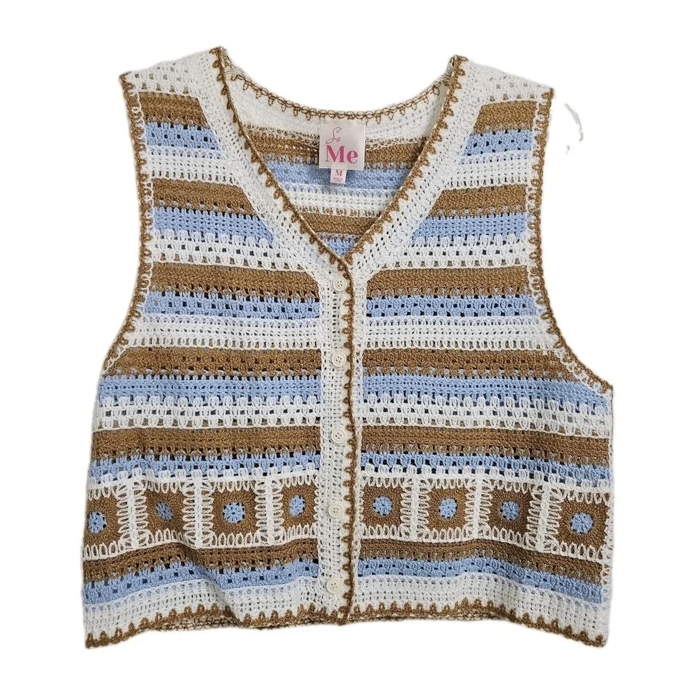 Bohemian So Me‎ Crochet Sweater Vest Womens Med Blue Brown Striped Granny Square